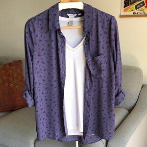 Reitmans Blouse Button Down Office Casual Roll-Up Sleeves Floral Purple Large